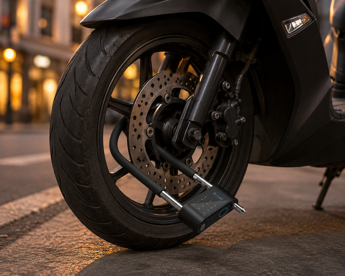 Antivol U Tuya sur roue de moto